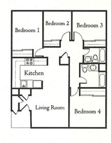Floor plan for 4 beds, 2 baths, 1200 sqft